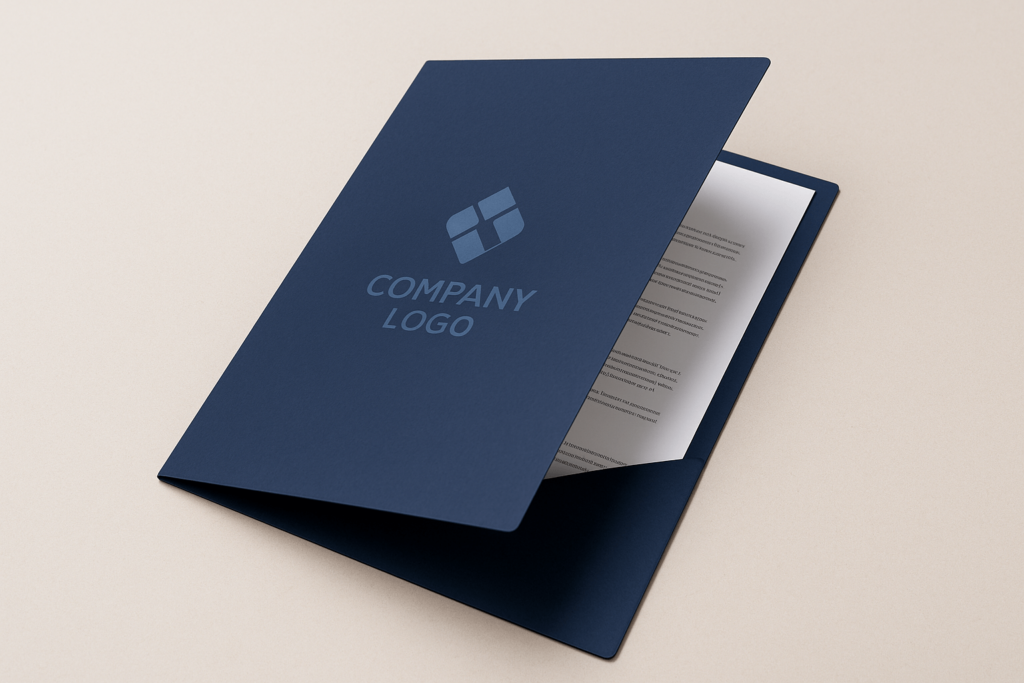 Granatowa teczka ofertowa z logo firmy, otwarta i ułożona centralnie na jasnym tle biurka, z widocznymi dokumentami w środku – elegancka, minimalistyczna i reprezentacyjna oprawa materiałów firmowych.