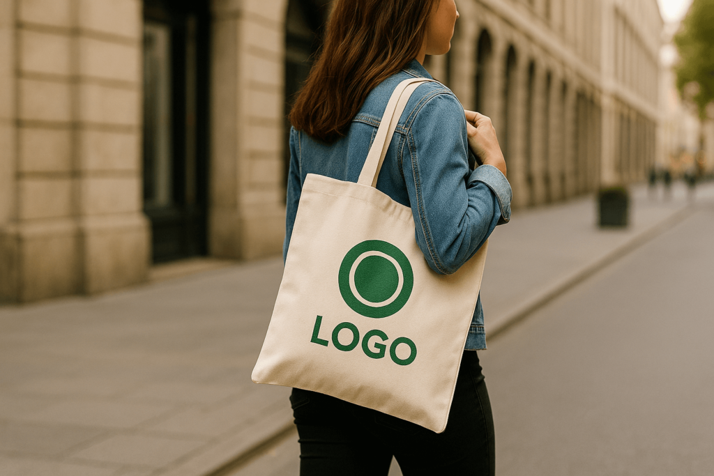 Kobieta idzie miejskim chodnikiem w dziennym świetle, niosąc na ramieniu ekologiczną torbę reklamową z nadrukowanym logo. Ubrana w jeansową kurtkę i ciemne spodnie, prezentuje styl casualowy na tle eleganckich, miejskich kamienic.